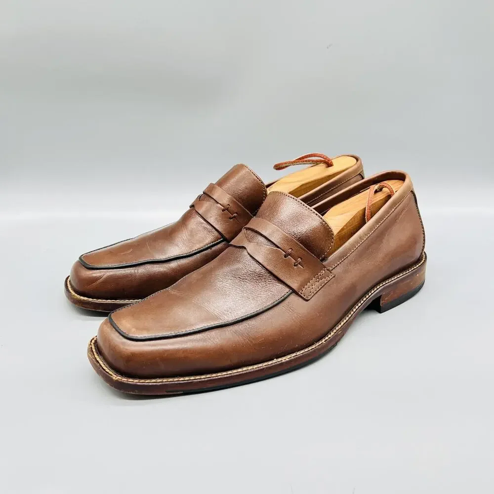 Johnston & Murphy Shoes Mens 9 Brown Leather Slip On Penny Loafer Square Toe